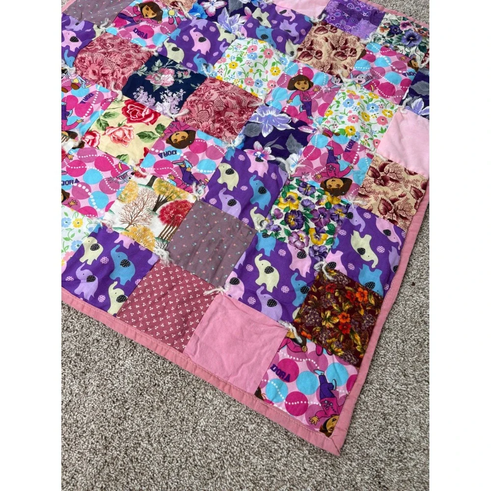 Y2K Handmade‎ Dora the Explorer Patchwork Pink Baby Quilt Kidcore Nickelodeon